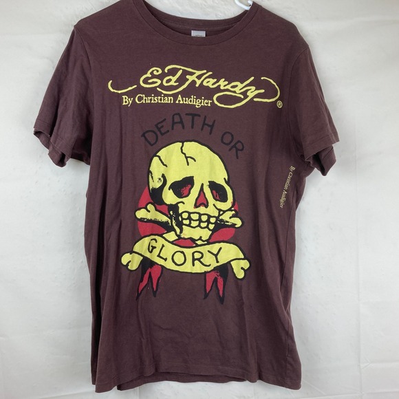 Ed Hardy Mens Y2K T Shirt Sz M Brown Death or Glory Skull Grunge Punk Retro - Picture 2 of 6
